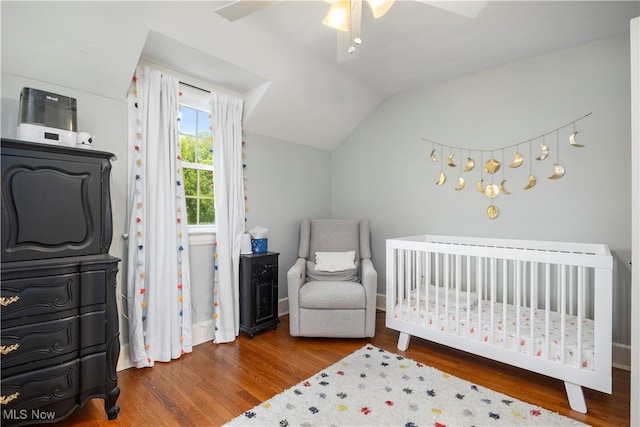 3280 Glencairn Rd, Shaker Heights, OH 44122 - bedroom with wood finished floors, lofted ceiling, baseboards, a nursery area, and ceiling fan