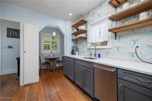 3280 Glencairn Rd, Shaker Heights, OH 44122 - kitchen featuring dishwasher, a sink, open shelves, gray cabinets, and light countertops