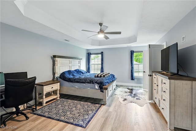 3425 Eryn Pl, Hudson, OH 44236 - bedroom with a tray ceiling, light wood-style floors, a ceiling fan, and baseboards
