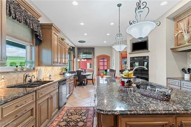 9627 State Route 152, Richmond, OH 43944 - kitchen featuring black dishwasher, backsplash, recessed lighting, a chandelier, and hanging light fixtures