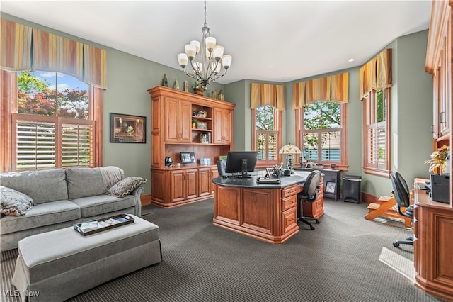 9627 State Route 152, Richmond, OH 43944 - office featuring a chandelier, dark carpet, and baseboards