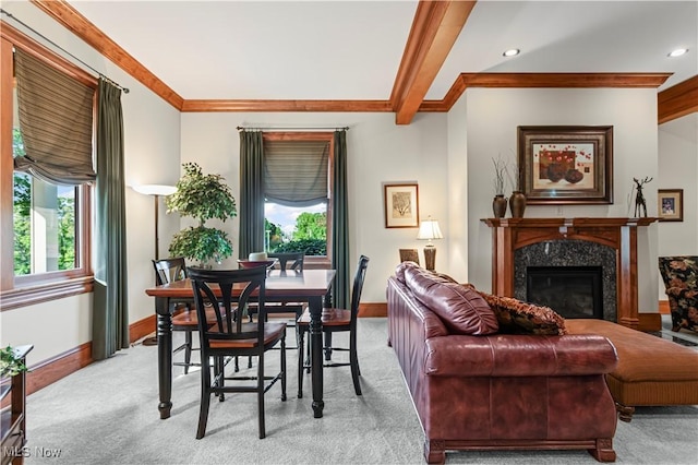 9627 State Route 152, Richmond, OH 43944 - living room featuring light carpet, baseboards, ornamental molding, a fireplace, and recessed lighting