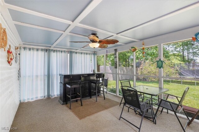 425 Woodlake Dr, Medina, OH 44256 - sunroom with coffered ceiling, outdoor dining space, and a ceiling fan
