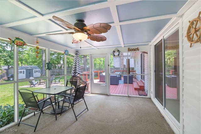 425 Woodlake Dr, Medina, OH 44256 - sunroom / solarium with coffered ceiling, ceiling fan, and outdoor dining area