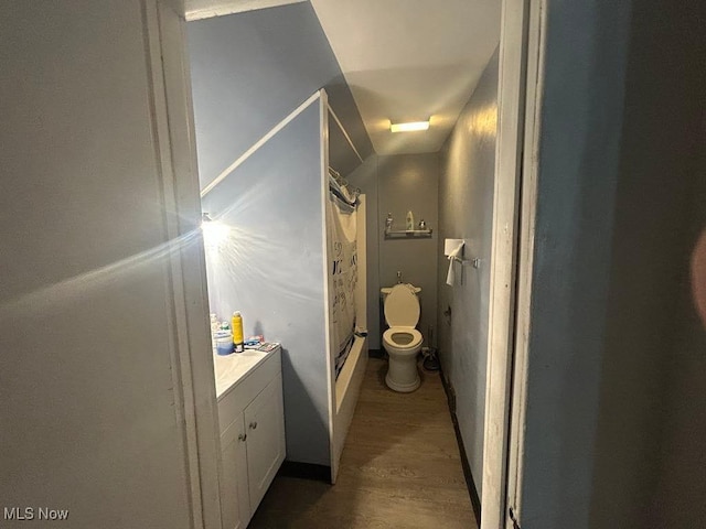 2411 Strasser Pl SW, Canton, OH 44710 - full bath featuring a shower with shower curtain, wood finished floors, vanity, toilet, and vaulted ceiling