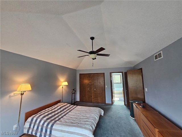 6671 Queens Way N, Royalton, OH 44133 - bedroom featuring lofted ceiling, carpet flooring, a textured ceiling, a ceiling fan, and a closet