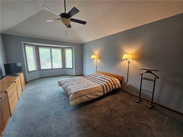 6671 Queens Way N, Royalton, OH 44133 - carpeted bedroom featuring vaulted ceiling, baseboards, a textured ceiling, and a ceiling fan