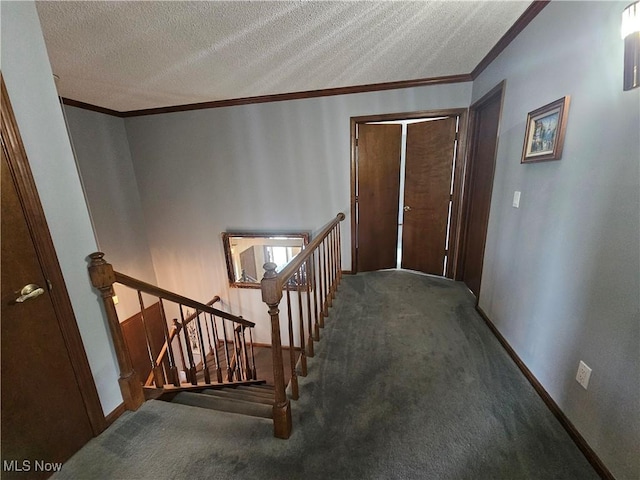 6671 Queens Way N, Royalton, OH 44133 - stairway featuring ornamental molding, carpet floors, baseboards, and a textured ceiling