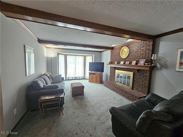 6671 Queens Way N, Royalton, OH 44133 - carpeted living area with a textured ceiling, a brick fireplace, ornamental molding, and beamed ceiling