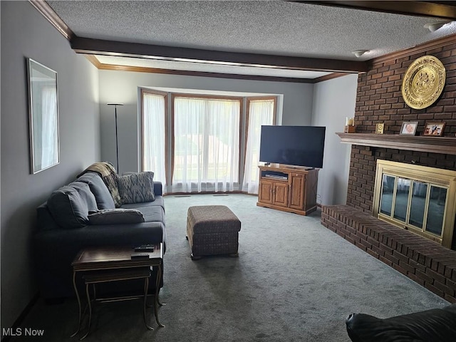 6671 Queens Way N, Royalton, OH 44133 - carpeted living area featuring a textured ceiling, crown molding, and a brick fireplace