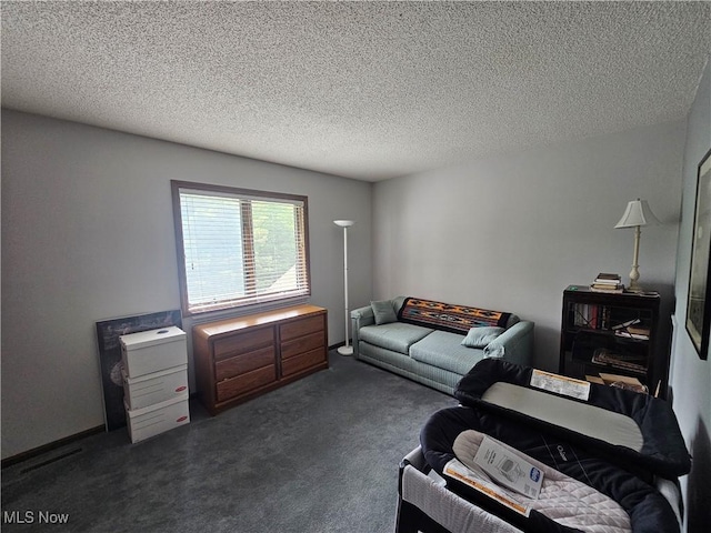6671 Queens Way N, Royalton, OH 44133 - living area featuring dark carpet and a textured ceiling