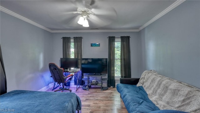 21 E Maple Ave, New Concord, OH 43762 - bedroom featuring wood finished floors, ornamental molding, and ceiling fan