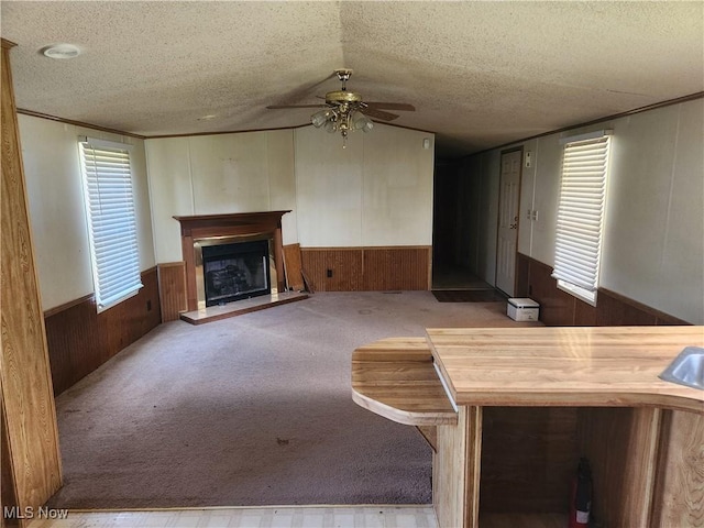 723 Mulvane, Newcomerstown, OH 43832 - unfurnished living room with wood walls, wainscoting, a textured ceiling, a ceiling fan, and plenty of natural light