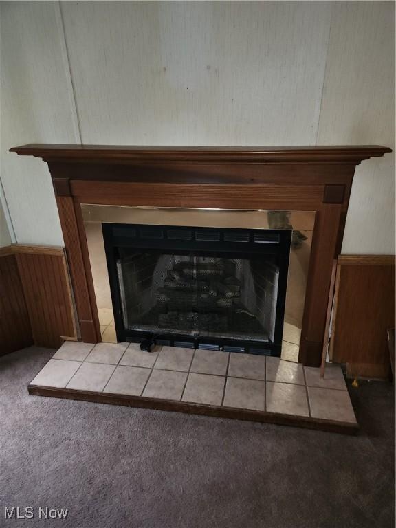 723 Mulvane, Newcomerstown, OH 43832 - detailed view of a tile fireplace and carpet flooring