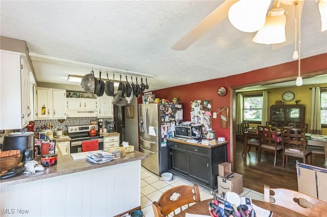 9708 Harrison Rd, Wakeman, OH 44889 - kitchen with stainless steel appliances, under cabinet range hood, a peninsula, tasteful backsplash, and light countertops