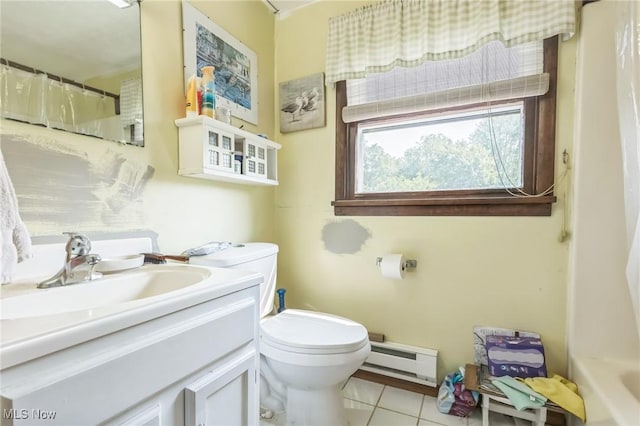 9708 Harrison Rd, Wakeman, OH 44889 - full bath with baseboard heating, vanity, toilet, tile patterned flooring, and a shower with shower curtain