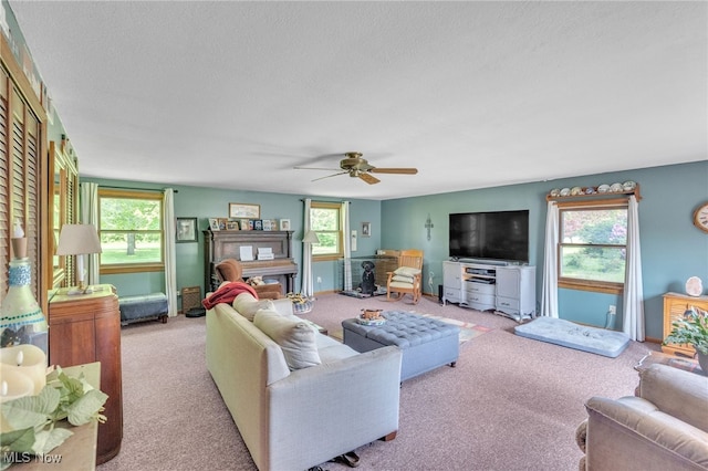 9708 Harrison Rd, Wakeman, OH 44889 - carpeted living room with healthy amount of natural light, ceiling fan, and a textured ceiling