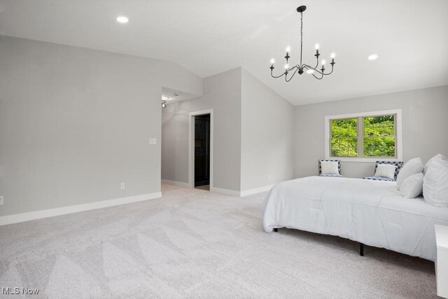 6730 Stone Rd, Medina, OH 44256 - bedroom with a chandelier, vaulted ceiling, light colored carpet, baseboards, and recessed lighting