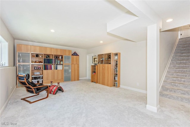 660 Shinnecock Ln, Aurora, OH 44202 - living area featuring carpet flooring, stairway, baseboards, and recessed lighting