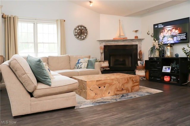 682 2nd St Unit 1, Fairport Harbor, OH 44077 - living area featuring wood finished floors, lofted ceiling, and a fireplace
