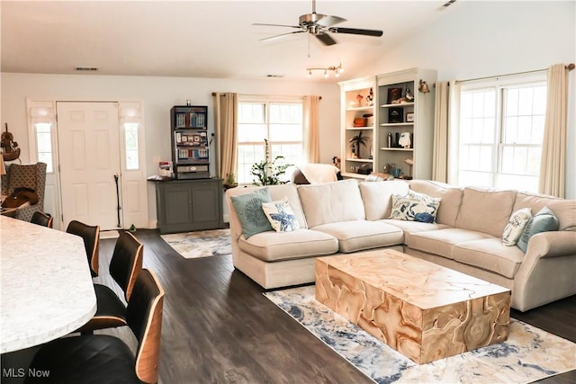 682 2nd St Unit 1, Fairport Harbor, OH 44077 - living area featuring a ceiling fan, dark wood-style floors, and lofted ceiling