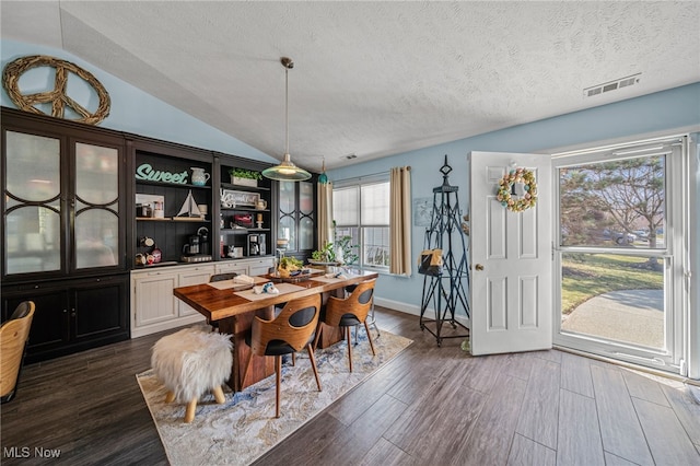 682 2nd St Unit 1, Fairport Harbor, OH 44077 - dining space featuring a textured ceiling, vaulted ceiling, dark wood-style flooring, and baseboards