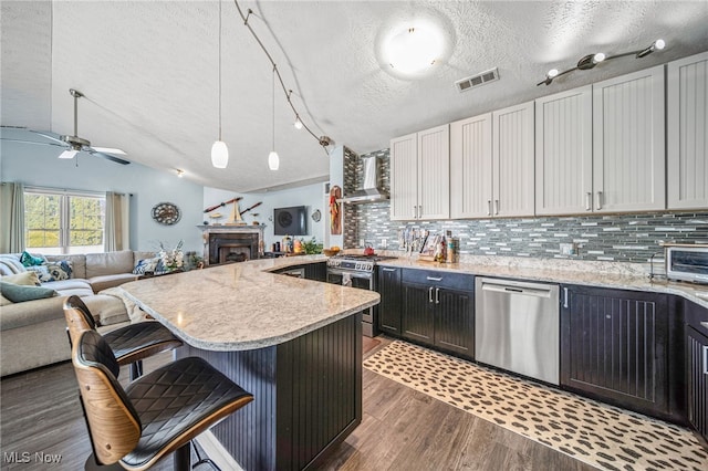 682 2nd St Unit 1, Fairport Harbor, OH 44077 - kitchen featuring stainless steel appliances, wall chimney range hood, open floor plan, a textured ceiling, and ceiling fan