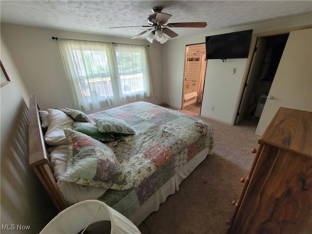 5115 Sangria Dr, West Salem, OH 44287 - bedroom featuring carpet flooring, a textured ceiling, a ceiling fan, and ensuite bath