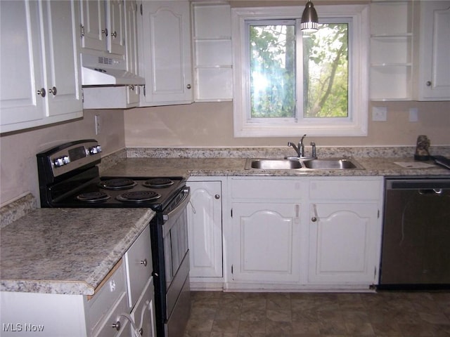 1475 Laurel Dr, West Salem, OH 44287 - kitchen with range with electric cooktop, stainless steel dishwasher, under cabinet range hood, a sink, and open shelves