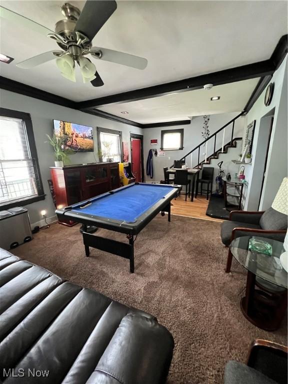3524 E 139th St, Cleveland, OH 44120 - playroom featuring pool table, carpet, baseboards, ceiling fan, and ornamental molding