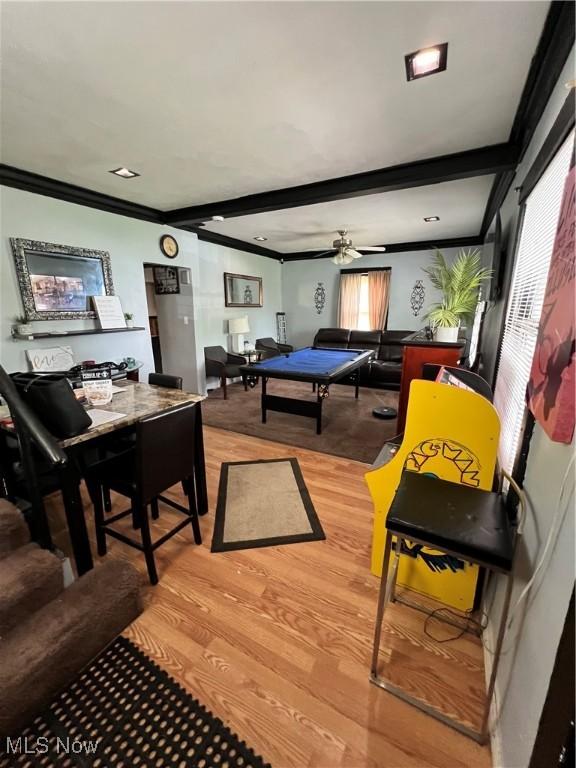 3524 E 139th St, Cleveland, OH 44120 - game room with ornamental molding, billiards, light wood-type flooring, and a ceiling fan