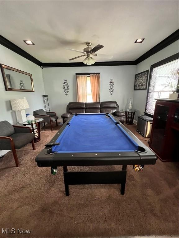 3524 E 139th St, Cleveland, OH 44120 - rec room with crown molding, carpet floors, a ceiling fan, billiards table, and baseboards