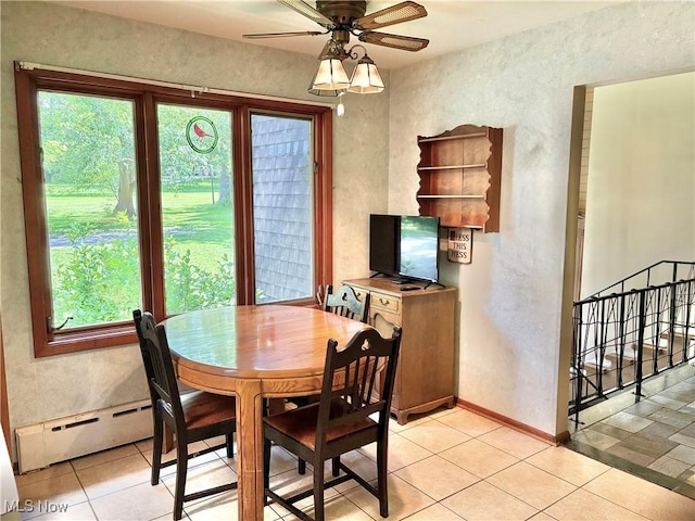 15959 Ridge Rd, North Royalton, OH 44133 - dining room featuring baseboard heating, healthy amount of natural light, ceiling fan, light tile patterned floors, and a textured wall