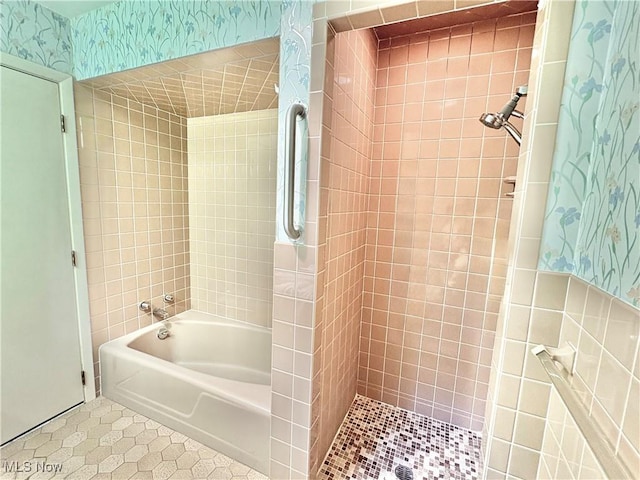 15959 Ridge Rd, North Royalton, OH 44133 - bathroom featuring tile patterned flooring, tiled shower, and a bathtub