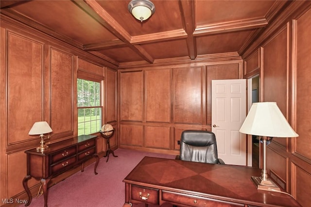 304 Fox Way, Chagrin Falls, OH 44022 - carpeted office space with a decorative wall, wooden ceiling with exposed beams, crown molding, and coffered ceiling