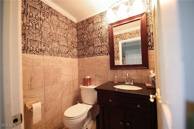 327 Country Club Blvd, Weirton, WV 26062 - half bath featuring toilet, ornamental molding, vanity, and tile walls