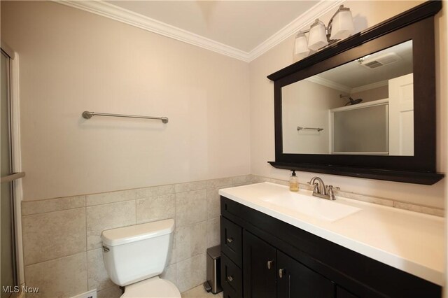 327 Country Club Blvd, Weirton, WV 26062 - full bath featuring vanity, crown molding, toilet, a shower with door, and tile walls