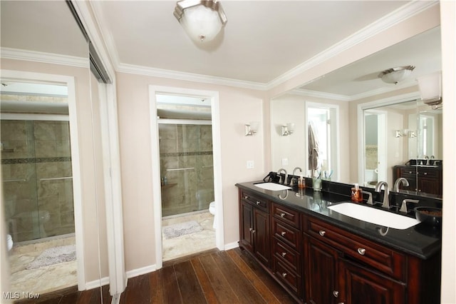 327 Country Club Blvd, Weirton, WV 26062 - full bath with toilet, hardwood / wood-style floors, a stall shower, double vanity, and ornamental molding