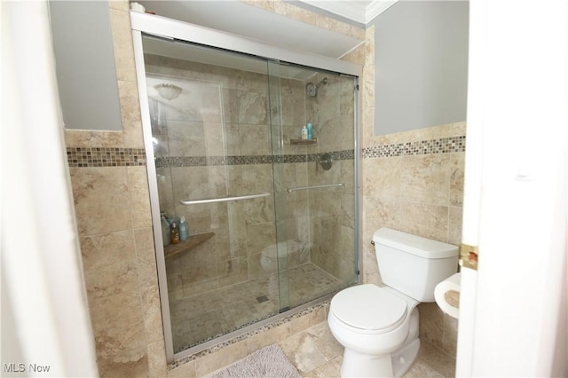 327 Country Club Blvd, Weirton, WV 26062 - full bath with tile walls, toilet, a stall shower, ornamental molding, and a wainscoted wall