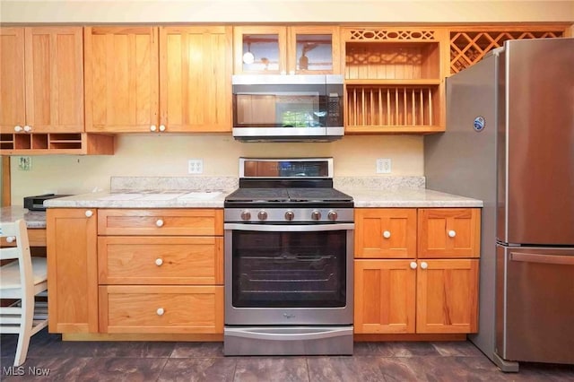 18373 Bentwood Dr, Doylestown, OH 44230 - kitchen with stainless steel appliances, open shelves, and light stone counters