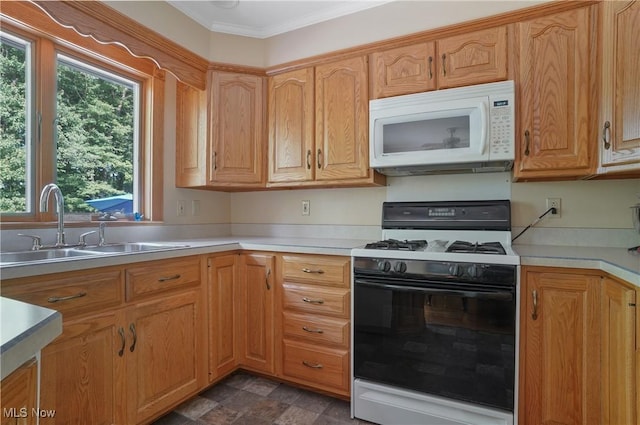 962 N Market St, Lisbon, OH 44432 - kitchen featuring white appliances, a sink, light countertops, and crown molding