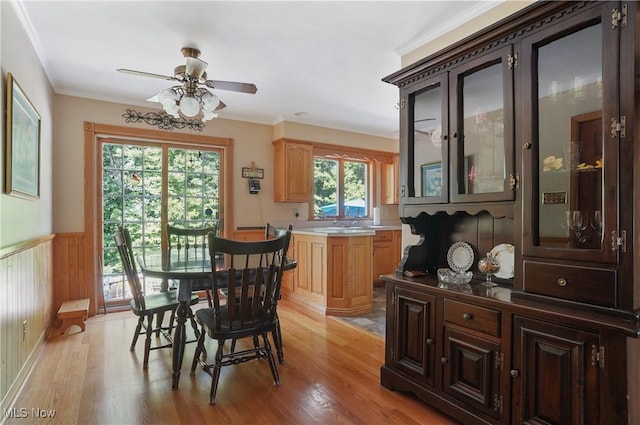 962 N Market St, Lisbon, OH 44432 - dining space featuring light wood-type flooring, a ceiling fan, a wainscoted wall, and ornamental molding