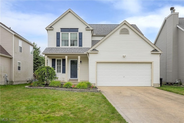189 Booth Bay Dr, Medina, OH 44256 - traditional-style house featuring driveway, a front lawn, a shingled roof, and a porch