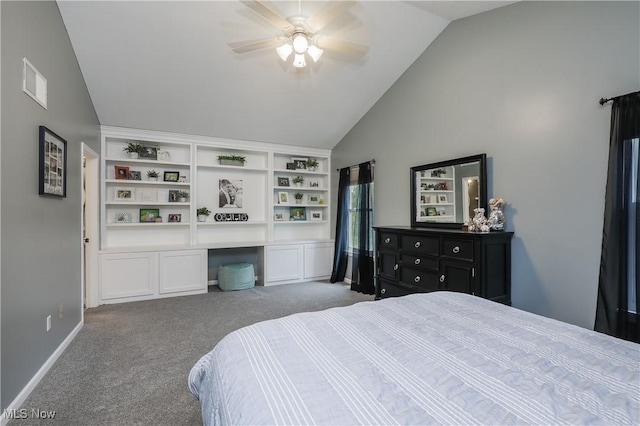 189 Booth Bay Dr, Medina, OH 44256 - carpeted bedroom featuring a ceiling fan, baseboards, and high vaulted ceiling