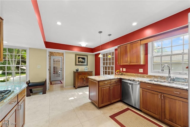177 N Park Dr, Aurora, OH 44202 - kitchen with stainless steel dishwasher, brown cabinetry, light stone countertops, plenty of natural light, and recessed lighting