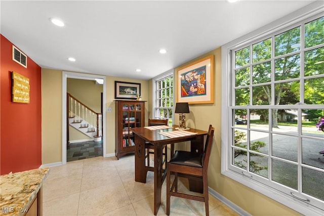 177 N Park Dr, Aurora, OH 44202 - dining area featuring stairs, recessed lighting, plenty of natural light, and light tile patterned floors