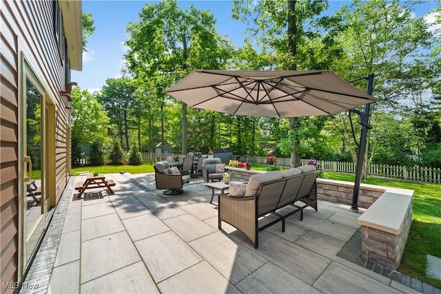 177 N Park Dr, Aurora, OH 44202 - fenced backyard with outdoor lounge area, a patio, and view of scattered trees