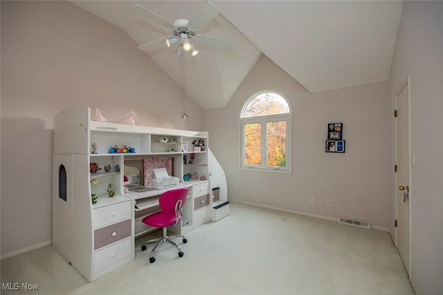 30965 Woodall, Solon, OH 44139 - office featuring ceiling fan, lofted ceiling, baseboards, and light carpet