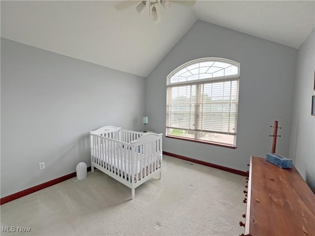 6005 Champagne, Medina, OH 44256 - bedroom with vaulted ceiling, carpet flooring, a ceiling fan, and baseboards