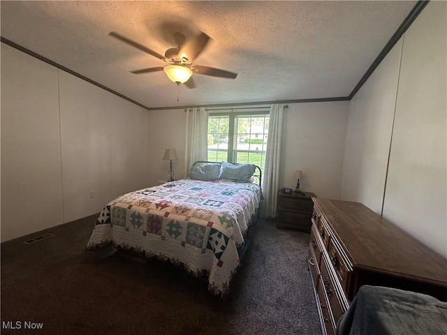 301 46th St SW, Canton, OH 44706 - bedroom featuring carpet flooring, a textured ceiling, crown molding, and a ceiling fan